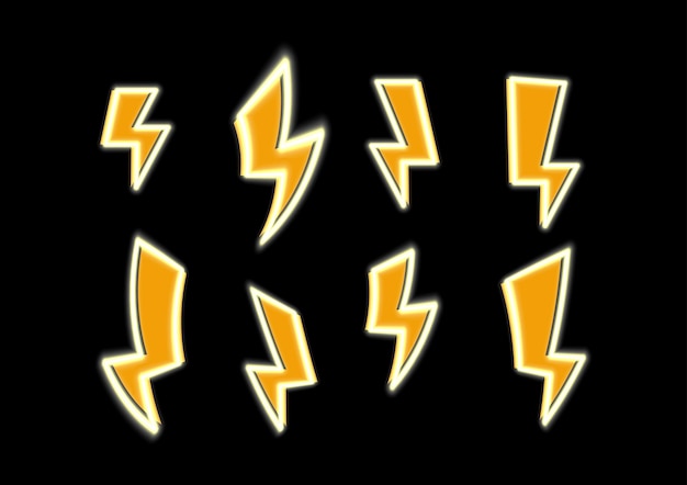 Neon lightning bolt vector Set of lightning sign yellow color in Neon sign style on black background