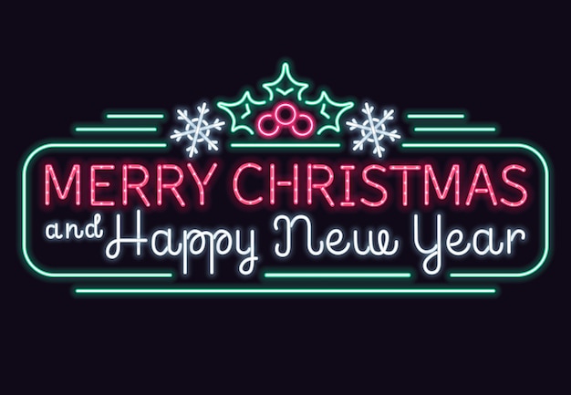 Neon lights merry christmas and happy new year vector sign