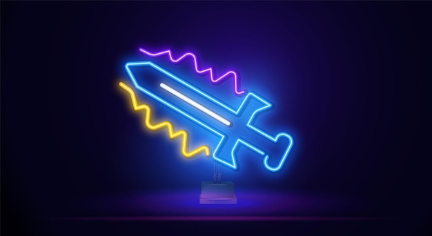 Vector neon magic glowing sword cold weapons with a glow sparkle sword neon light sign vector glowing brigh...