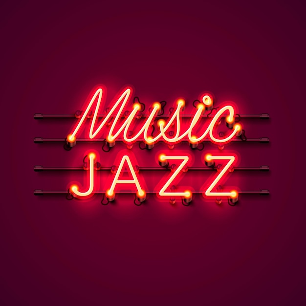 Neon music jazz signboard on the red background.