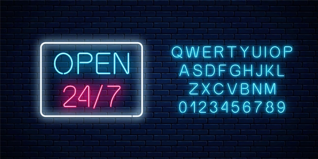 Neon open 24 hours 7 days a week sign in geometric shape on a brick wall