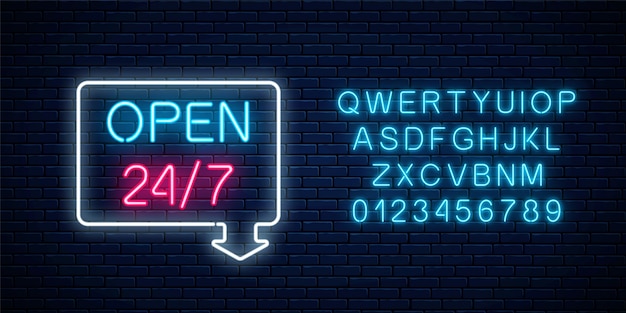 Neon open hours/days a week sign in geometric shape with arrow and alphabet.