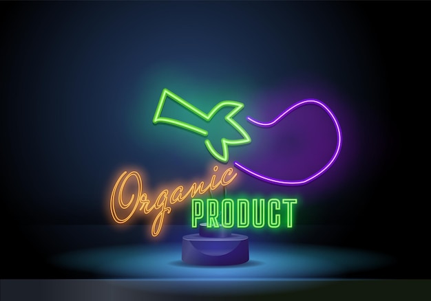 Neon organic product. Vector realistic isolated neon sign of eggplant for decoration and covering on the wall background.