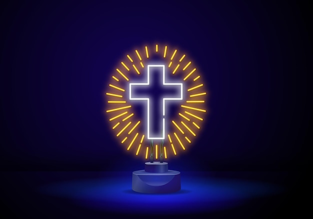 Vector neon orthodox cross with luminous rays glowing neon christian cross icon isolated on black background church cross vector