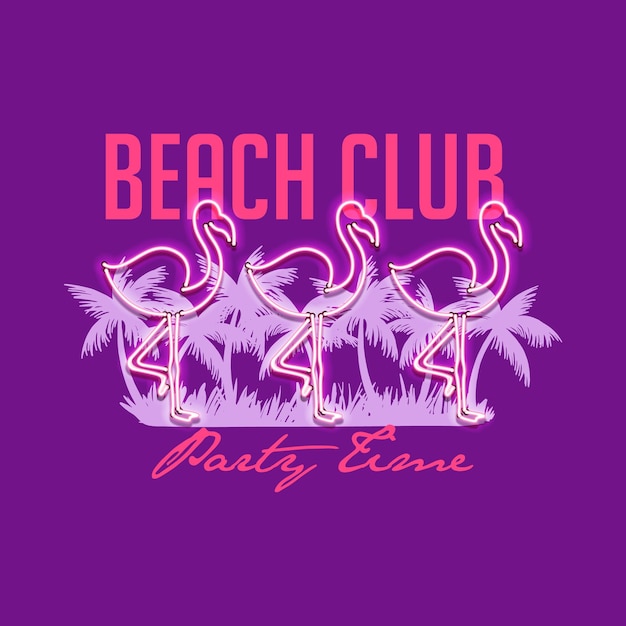 Neon palm and flamingo print design, Beach club party time quote