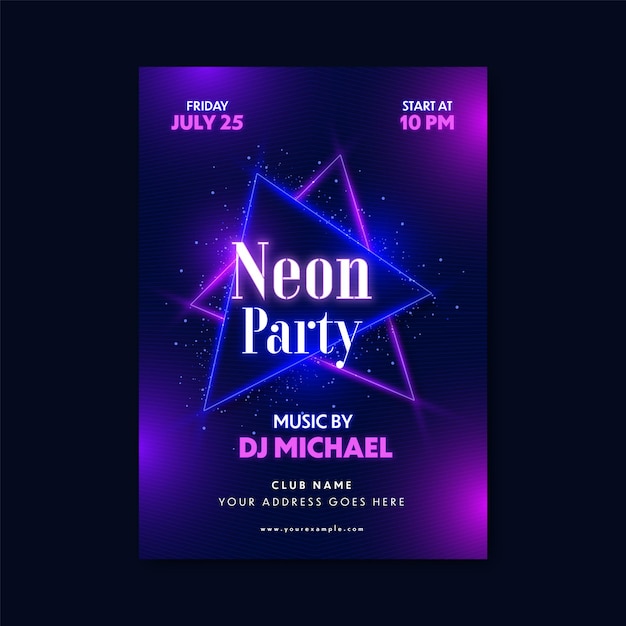 Neon Party Flyer Or Template Design With Shiny Triangle Frames And Event Details On Blue And Purple Stripe Background