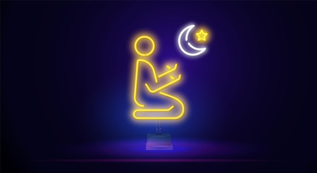 Neon pattern in one line An Islamic Muslim prays a neon glow icon with a month and a starvector illustration concept