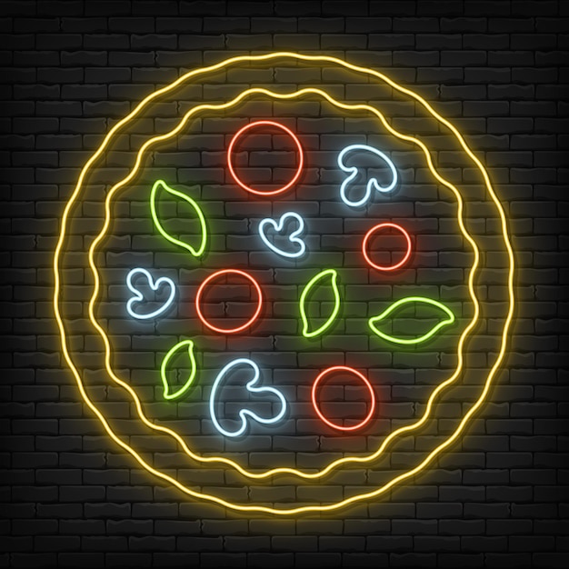 Neon pizza with slice on a brick wall background