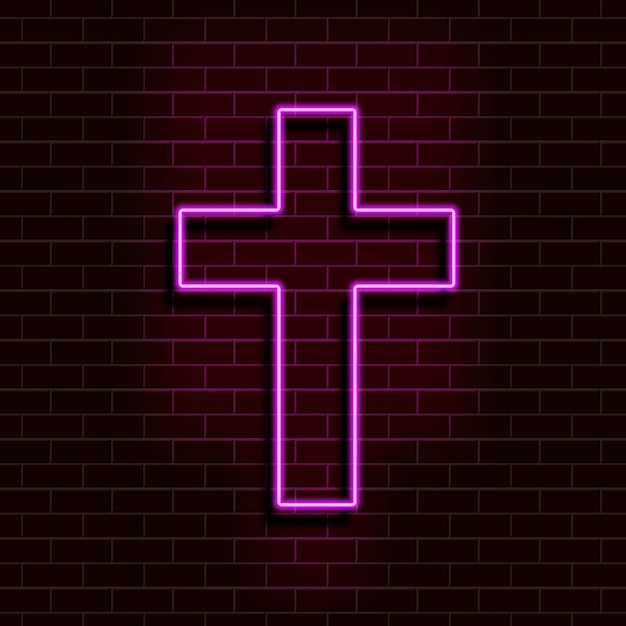 Vector neon purple christian cross on a brick wall. decorative realistic retro element for web design