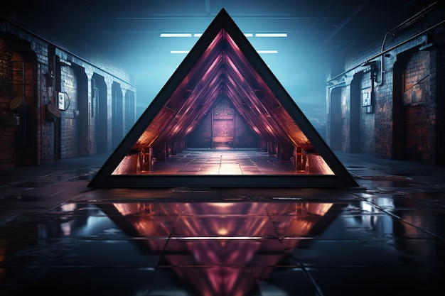 Neon pyramid light triangle in empty dark outer space with neon light two smog searchlight rays