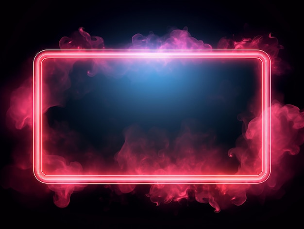 Vector neon rectangle frame or neon lights horizontal sign with fog cloud vector abstract background tunnel portal geometric glow outline shape or laser glowing lines abstract background for your text