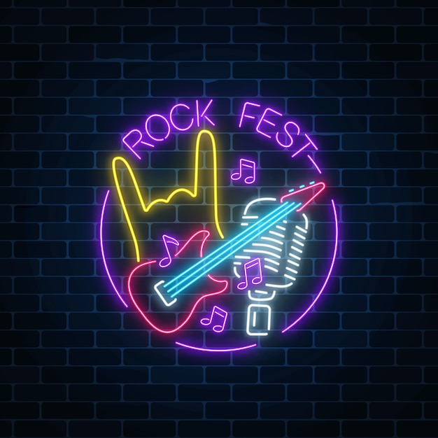 Neon rock festival sign with guitar, microphone and rock gesture in round frame.