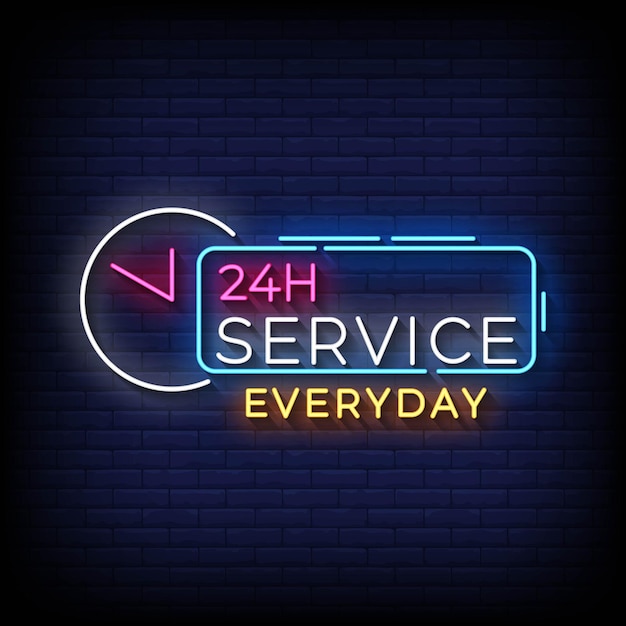 Neon Sign 24 hours service Brick Wall Background Vector