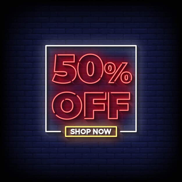 Neon Sign 50 percent shop now with brick wall background vector