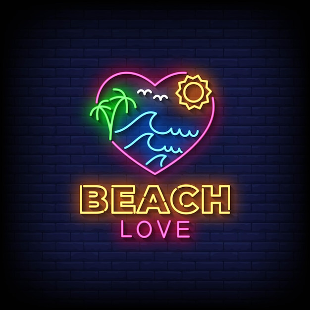 Neon Sign Beach Love with Brick Wall Background Vector