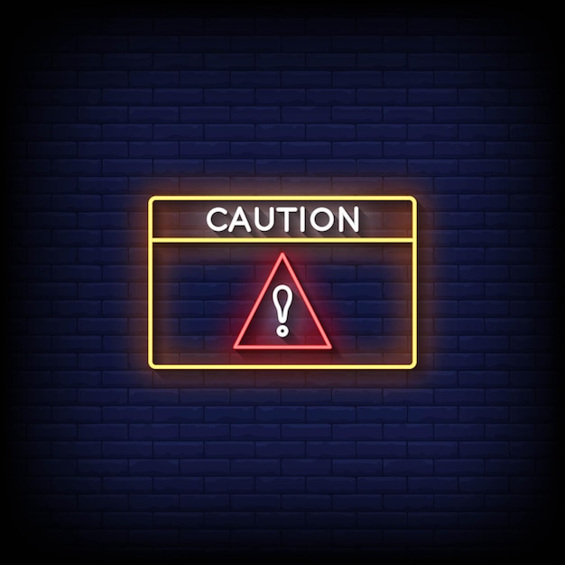 Neon Sign caution with brick wall background vector