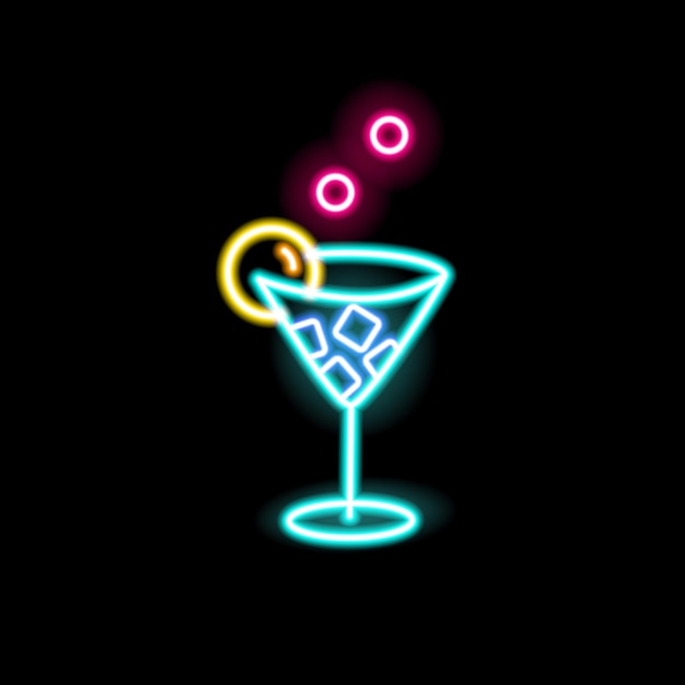 Neon sign of cocktail in glowing glass on black background. Fluorescent bright signboard with party drink. Illuminated symbol of beverage. Shiny signage for bar or club. Outline vector illustration.