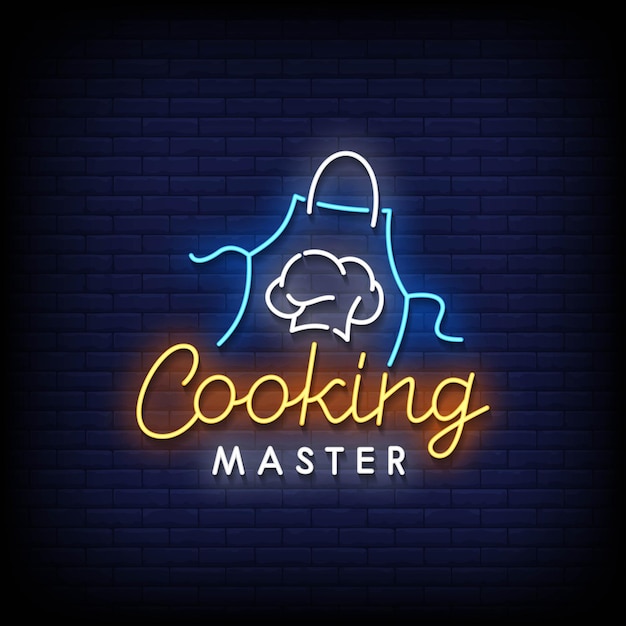 Neon Sign cooking master with Brick Wall Background vector