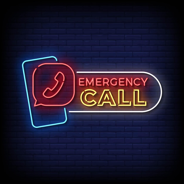 Neon Sign emergency call with brick wall background vector