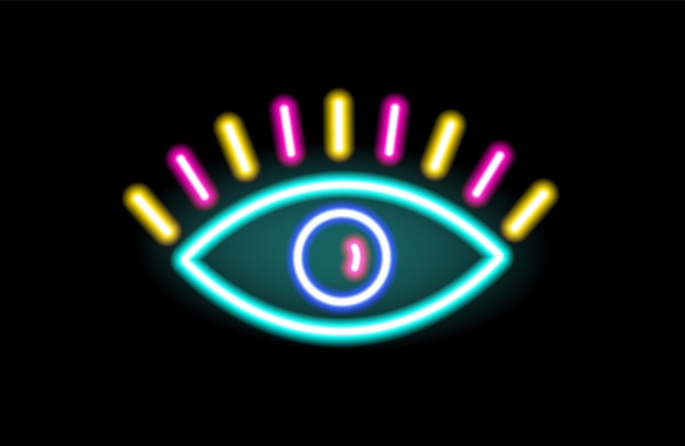 Neon sign of eye glowing on black background. Fluorescent retro signboard. Decorative illuminated element. Bright shiny signage. Colorful vector illustration.