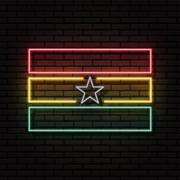 Neon sign in the form of the flag of Ghana. Against the background of a brick wall with a shadow. For the design of tourist or patriotic themes. The African continent