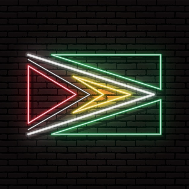 Neon sign in the form of the flag of Guyana. Against the background of a brick wall with a shadow. For the design of tourist or patriotic themes. South America