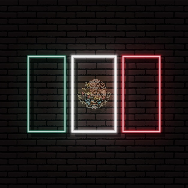 Neon sign in the form of the flag of Mexico. Against the background of a brick wall with a shadow. For the design of tourist or patriotic themes. North America