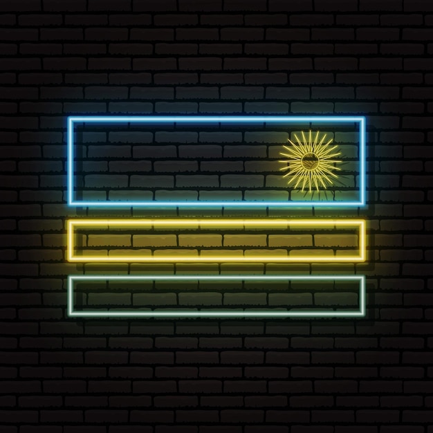 Neon sign in the form of the flag of Rwanda. Against the background of a brick wall with a shadow. For the design of tourist or patriotic themes. The African continent