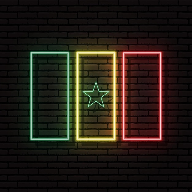 Neon sign in the form of the flag of Senegal. Against the background of a brick wall with a shadow. For the design of tourist or patriotic themes. The African continent