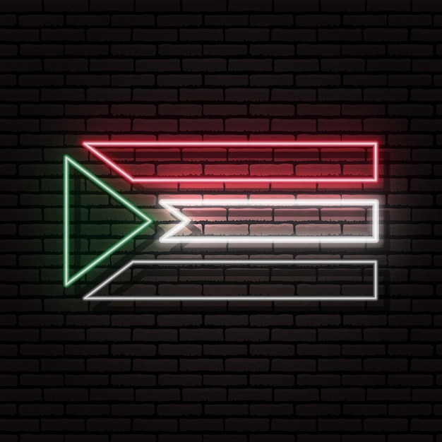 Neon sign in the form of the flag of Sudan. Against the background of a brick wall with a shadow. For the design of tourist or patriotic themes. The African continent