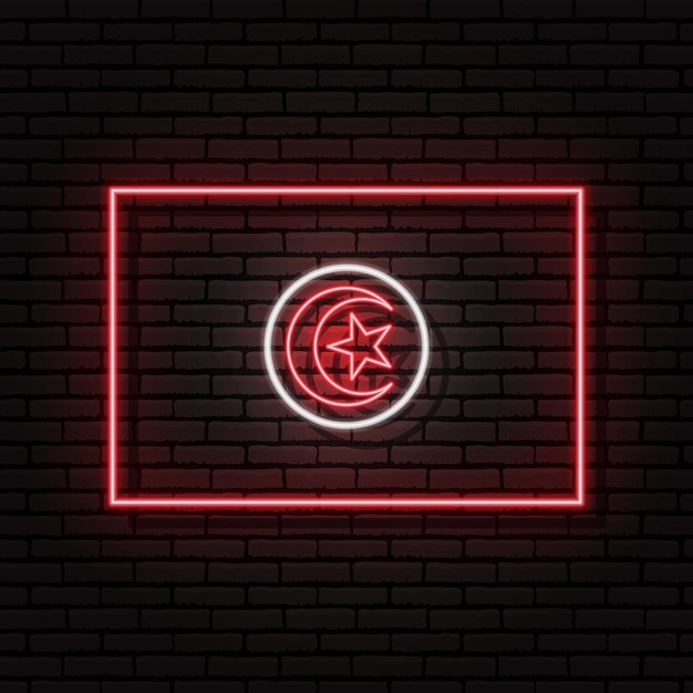 Neon sign in the form of the flag of Tunisia. Against the background of a brick wall with a shadow. For the design of tourist or patriotic themes. The African continent