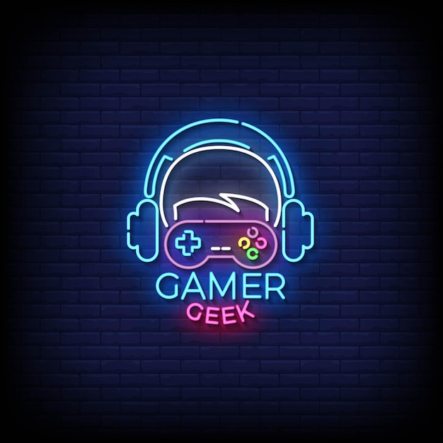 Neon Sign gamer geek with brick wall background vector