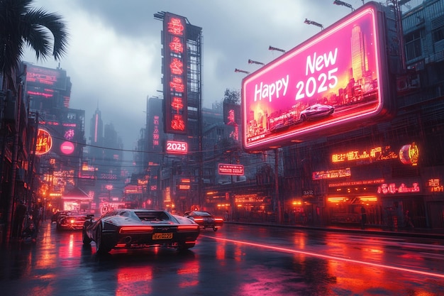 a neon sign for happy new year is lit up in red