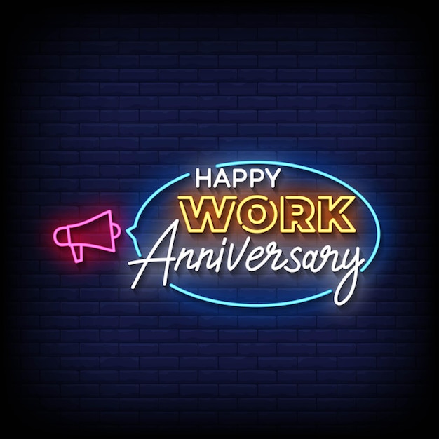 neon sign happy work anniversary with brick wall background vector illustration