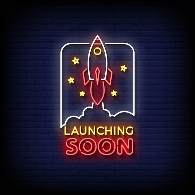 Neon Sign launching soon with brick wall background vector