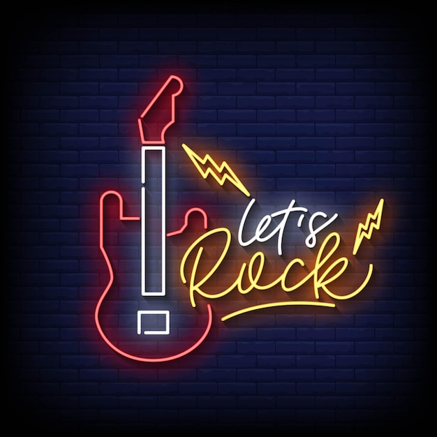 neon sign lets rock with brick wall background vector illustration