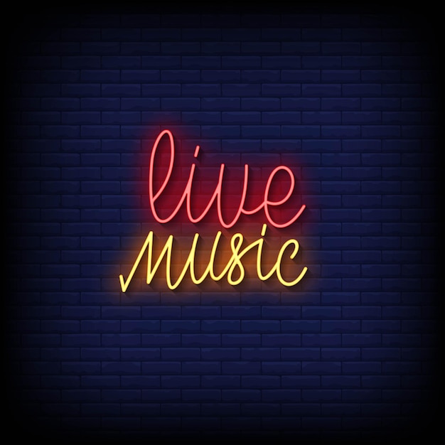 Neon Sign live music with brick wall background vector