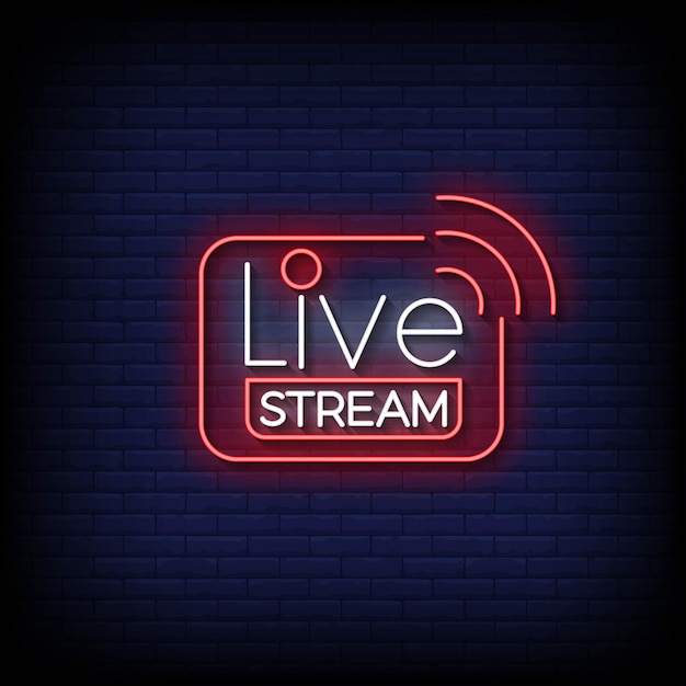 Vector neon sign live streaming with brick wall background vector