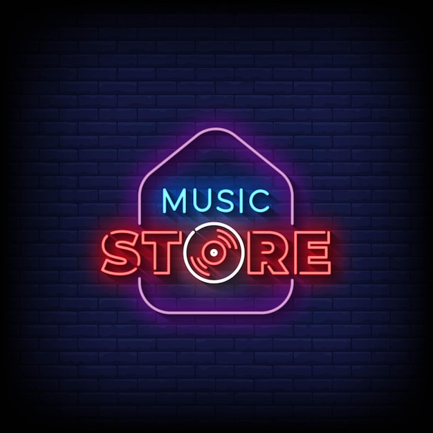 Neon Sign music store with Brick Wall Background vector