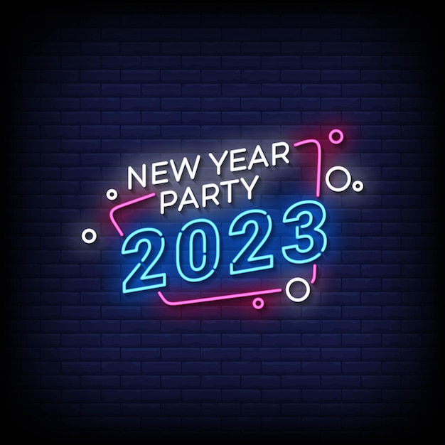 Neon Sign new year party 2023 with brick wall background vector