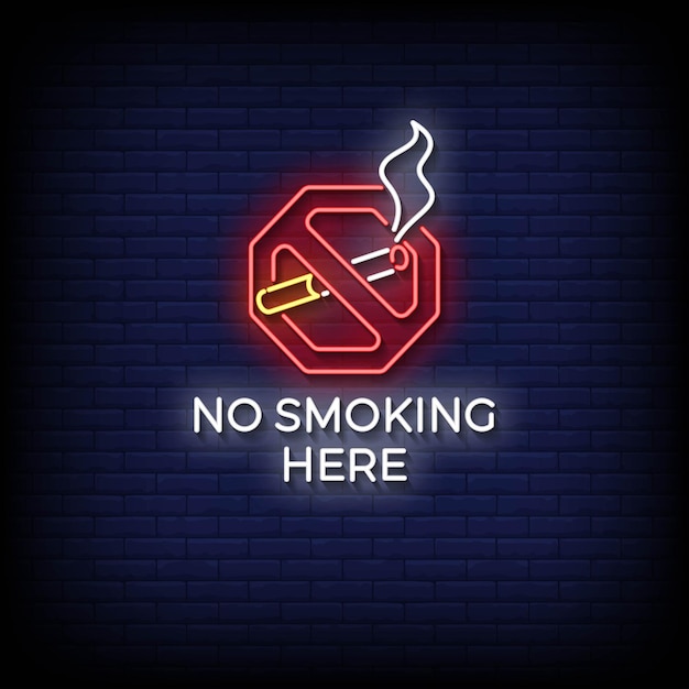 Neon Sign no smoking here with brick wall background vector