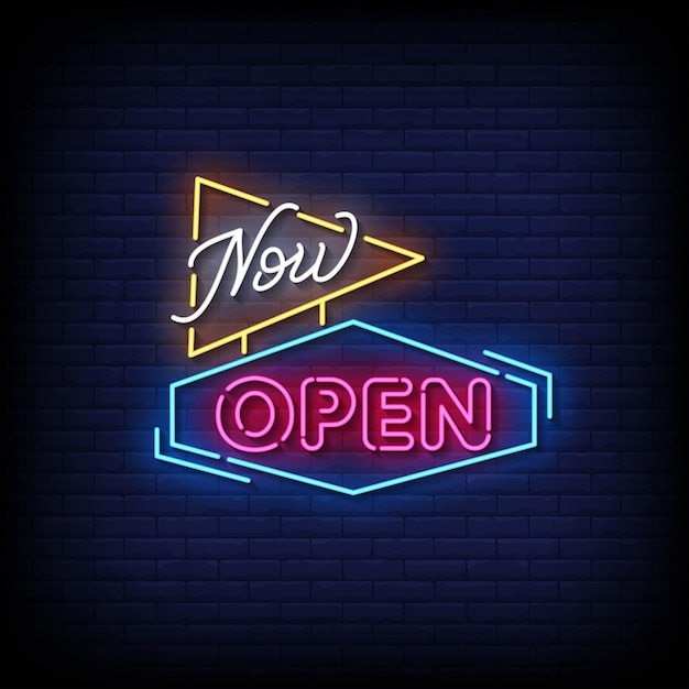 Neon Sign now open with brick wall background vector