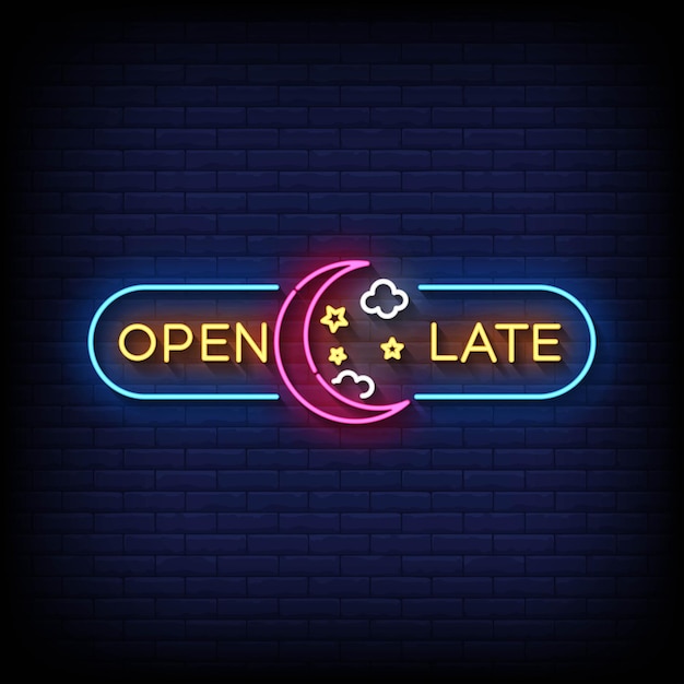 Neon Sign open late with brick wall background vector