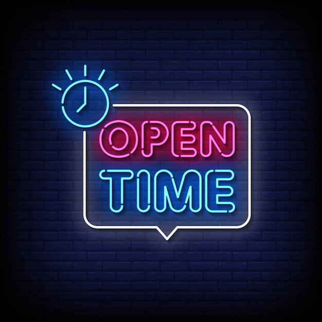 Neon Sign open time with brick wall background vector