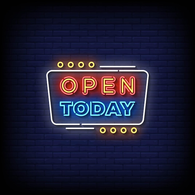 neon sign open today with brick wall background vector illustration