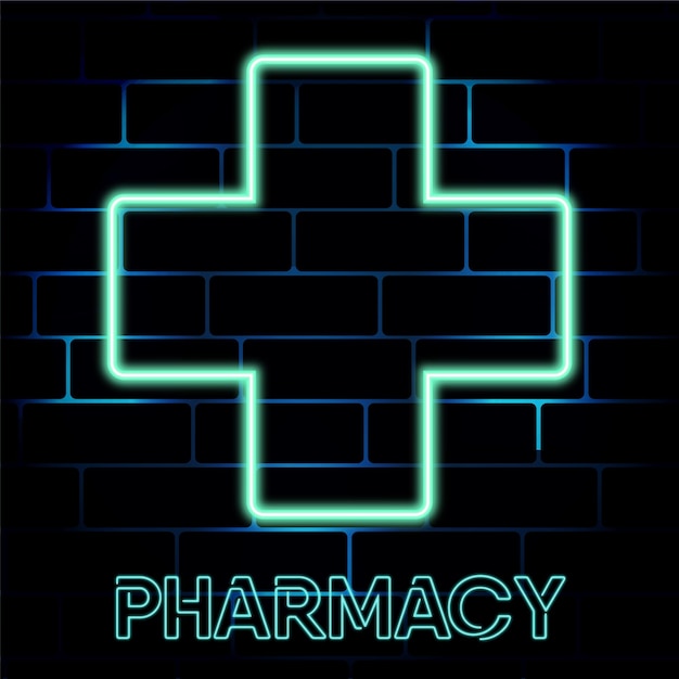 neon sign pharmacy cross green light glow