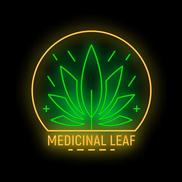 Neon sign promoting medicinal leaf with glowing green cannabis plant