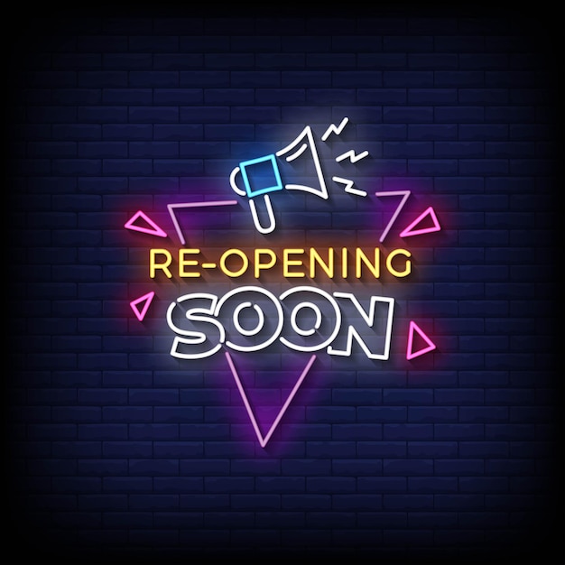 Neon Sign re-opening soon with brick wall background vector