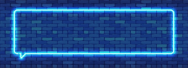 Neon Sign in Rectangular Frame Shape. Bright Neon Light on a Dark Brick Wall Background.