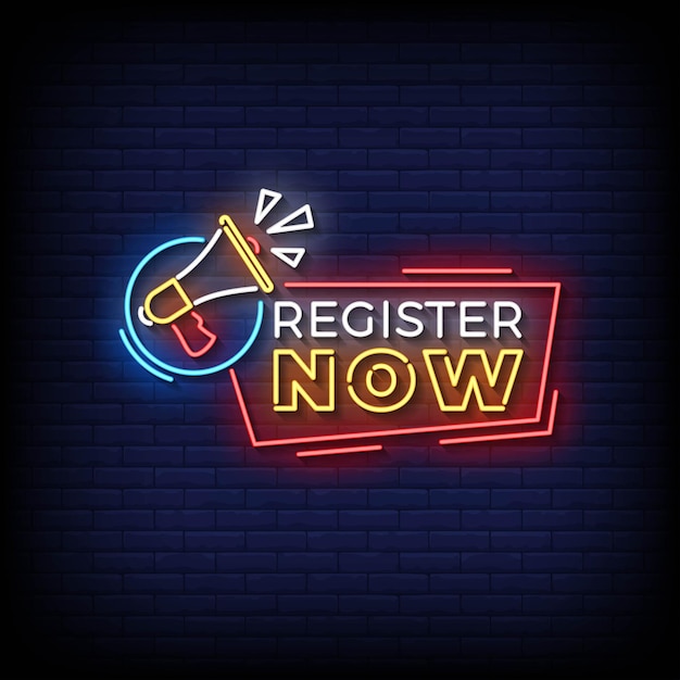 Neon Sign register now with brick wall background vector